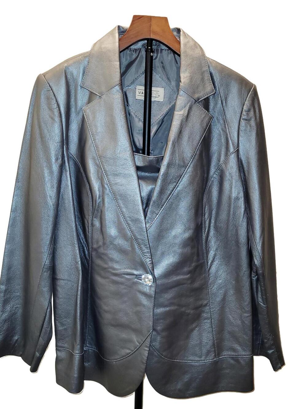 Metallic Gunmetal Gray Leather Jacket Womens XL